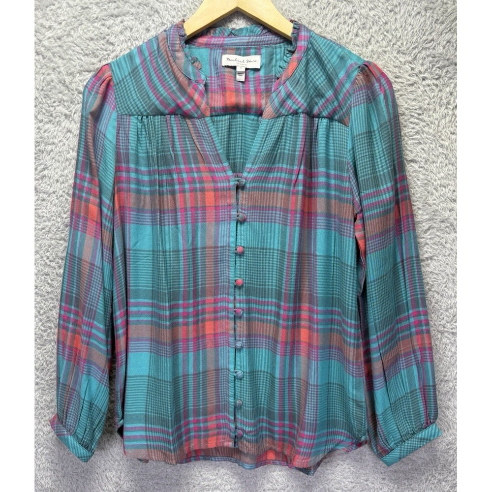 Michael Stars Womens S Plaid Flannel Shirt 100% Rayon Puff Sleeve Button Up